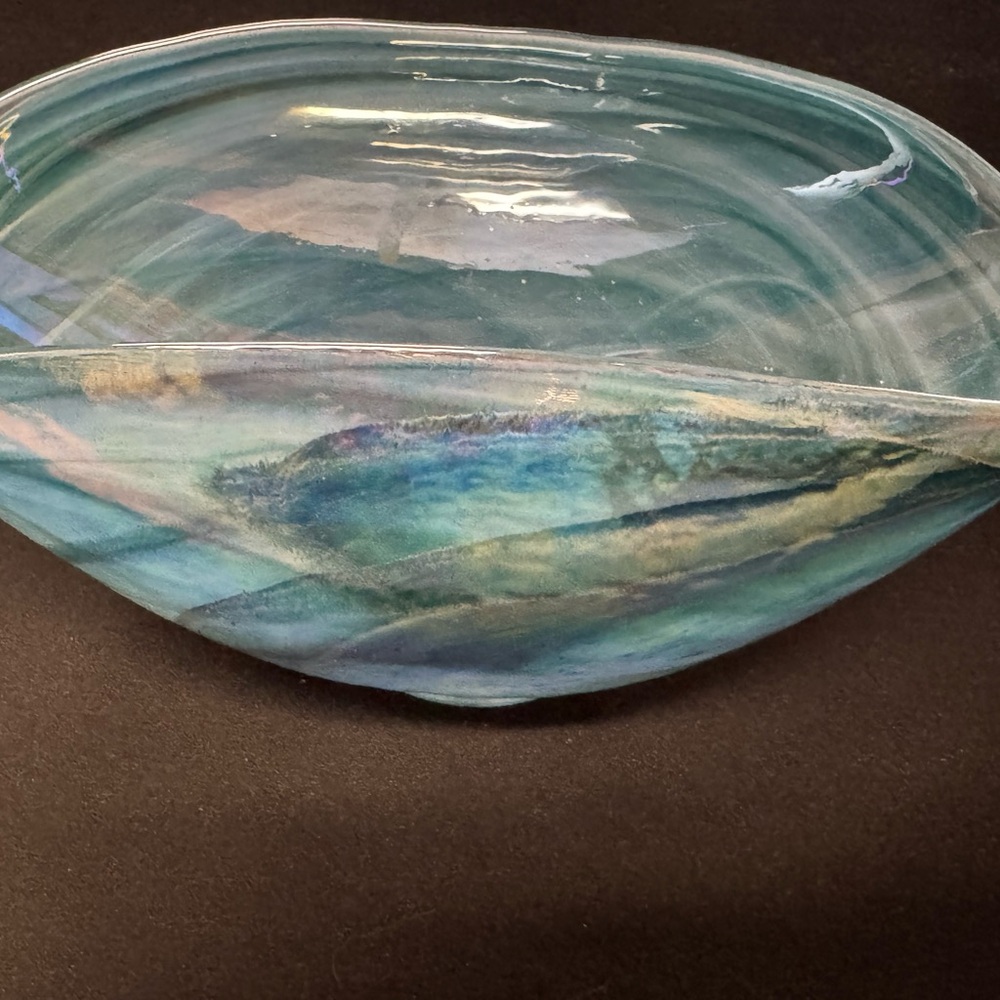 Elegant Iridescent Blue Glass Art Bowl